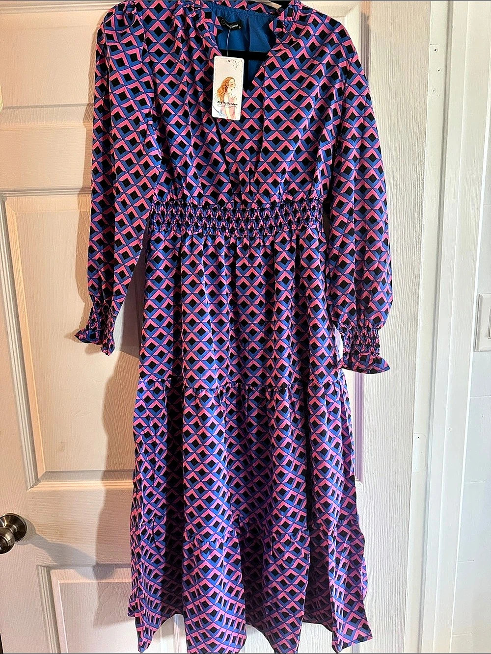 PrettyGarden Long Sleeve Geometric Print Tiered Midi Dress Blue & Pink Small